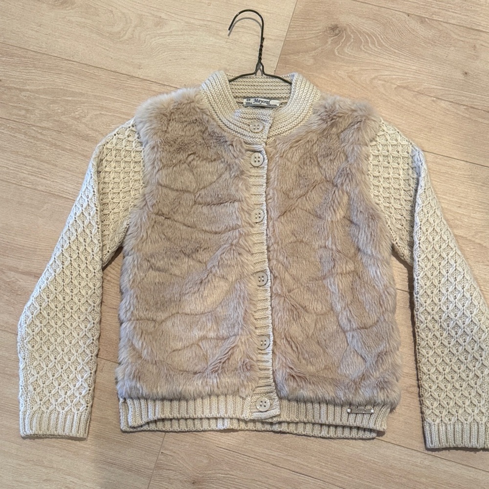 Mayoral Girls Beige Faux Fur Cardigan.